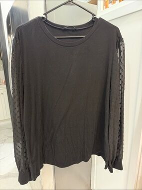 SHEIN Black Long Sleeve Top with Sheer Dotted Sleeves